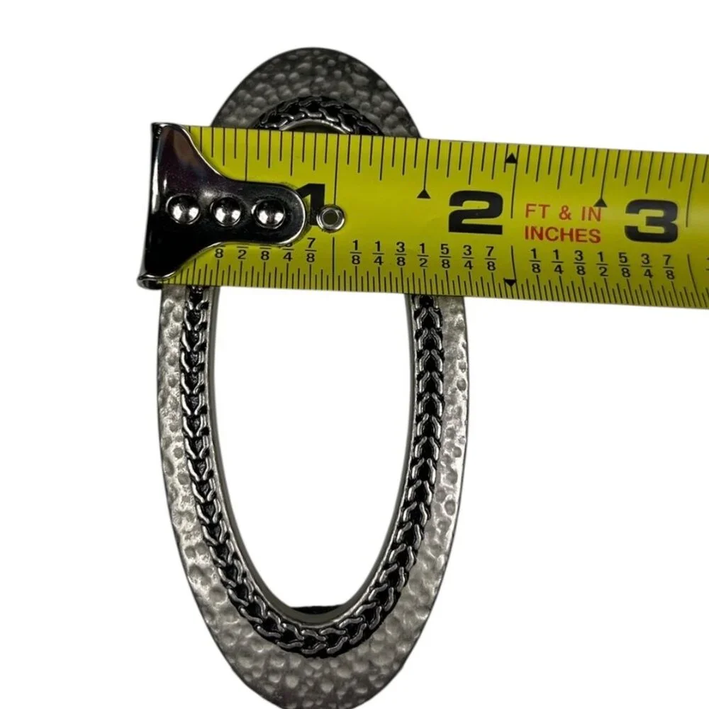 Chico's Belt Size ML Black Leather Adjustable Silvertone/Black Oval Buckle Boho